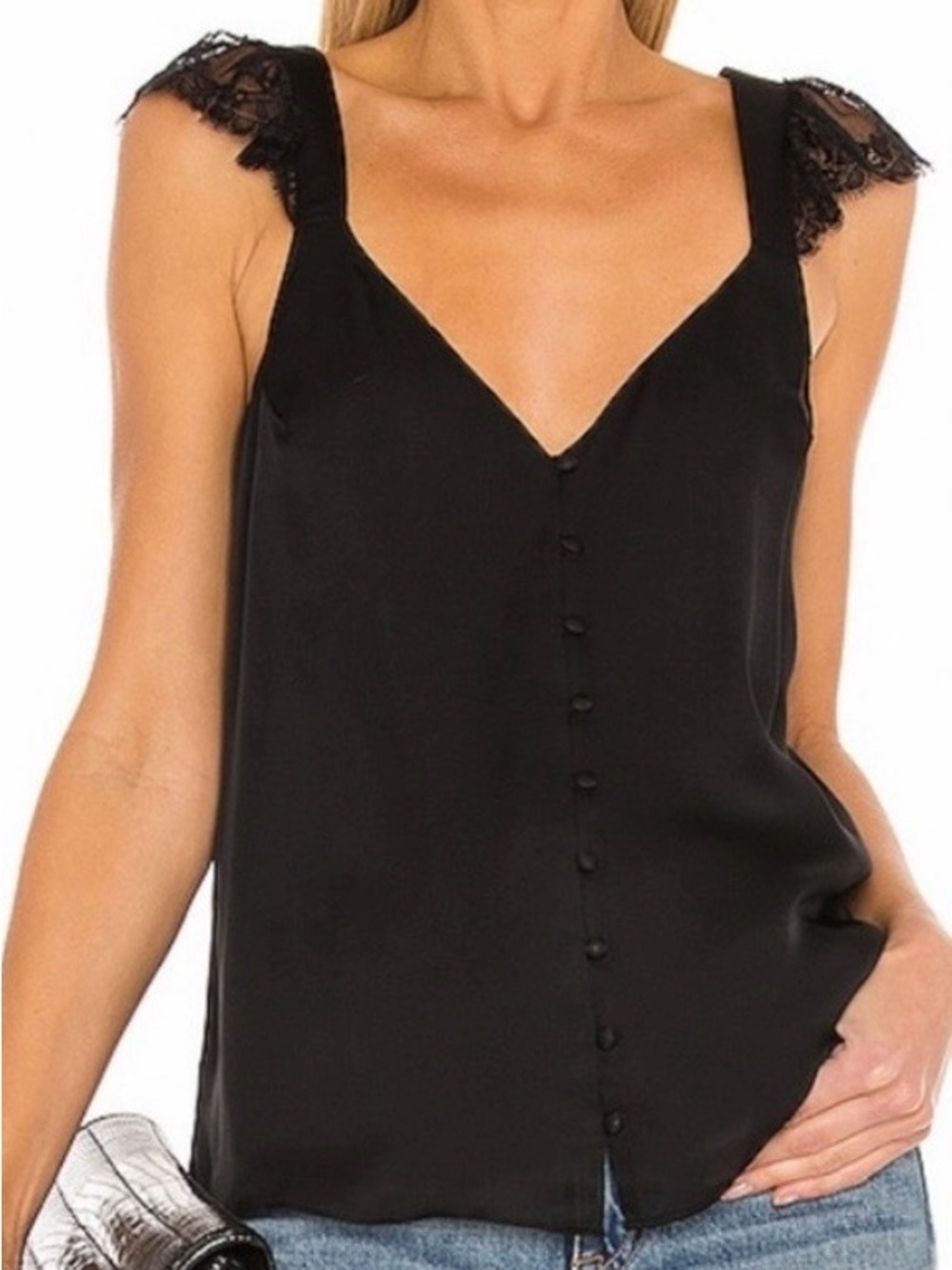 Cami NYC Black “Victoria” V-Neck Lace-Trim Button Front Camisole